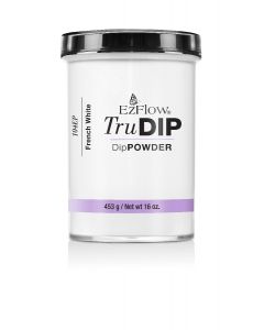 A tall 16 ounce container of TruDIP Powder French White with its contents showing through