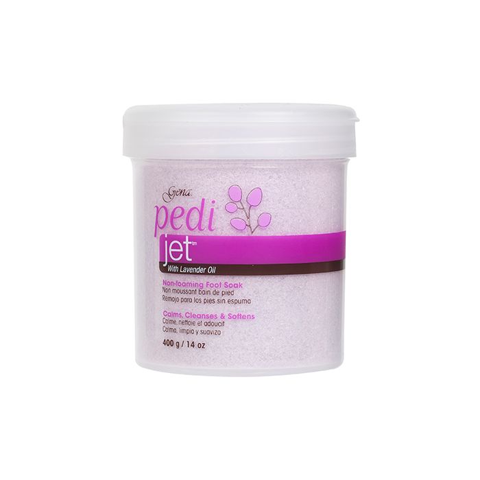 Frontage of 14-ounce Non-foaming Gena Pedi Jet - Calming variant featuring its product details 