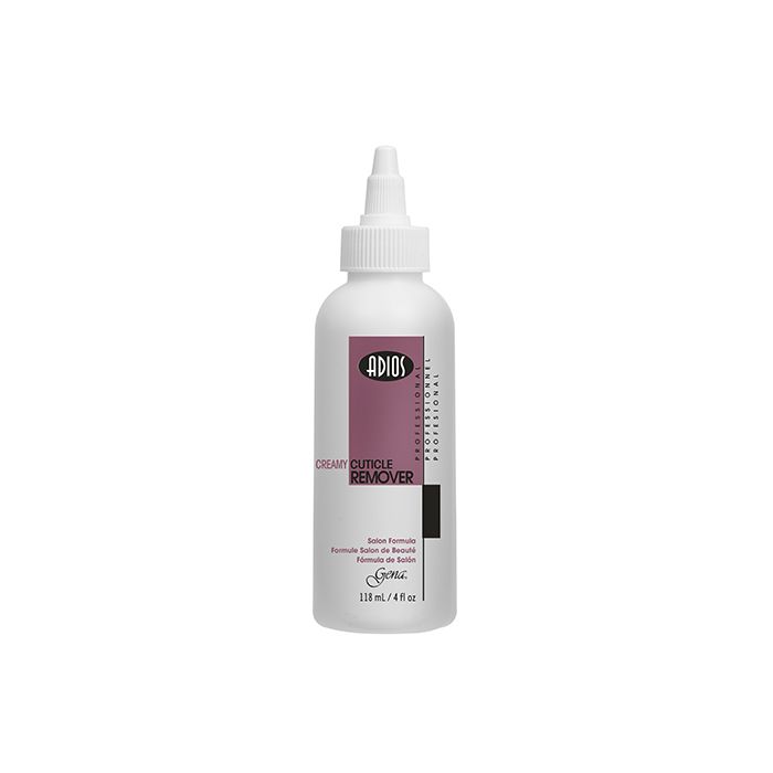 Front view of Gena Creamy Cuticle Remover in 4-ounce size bottle place in white color setting