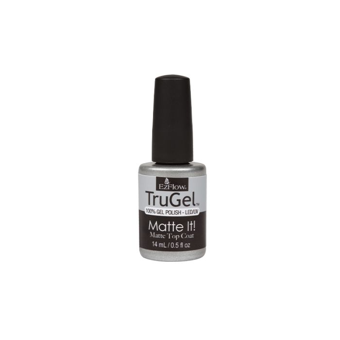 Front facing of an 0.5 ounce bottle filled with EzFlow TruGel Matte It! Top Coat