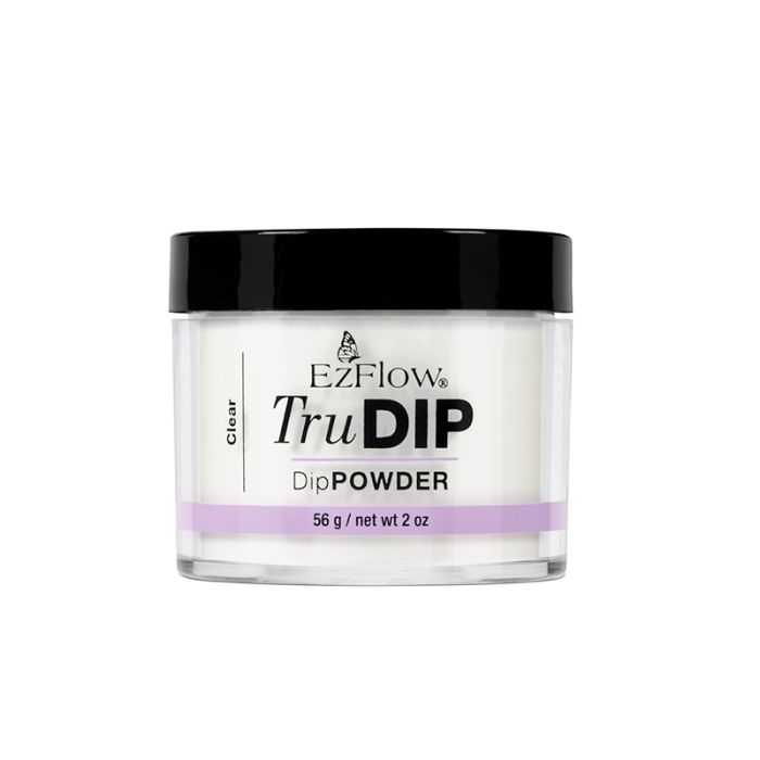 A clear 2 ounce glass container of EzFlow TruDIP Clear Powder facing forward with printed product label