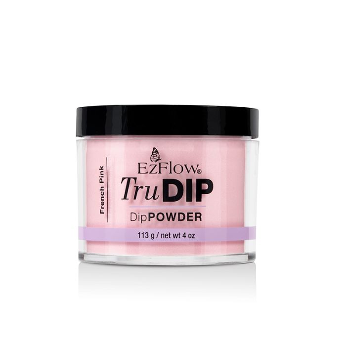 A transparent 4 ounce jar of EzFlow TruDIP French Pink Powder showing its subtle pink nail dip contents