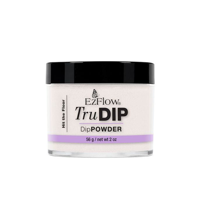 Front view of a transparent 2 ounce glass container of EzFlow TruDIP Hit the Floor with its contents showing through