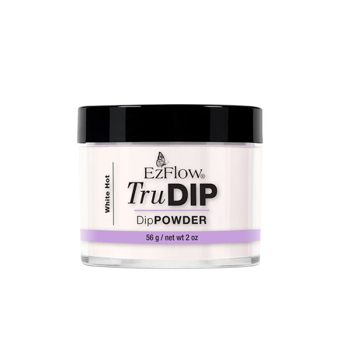 Front view of a transparent 2 ounce glass container of EzFlow TruDIP White Hot with its contents showing through
