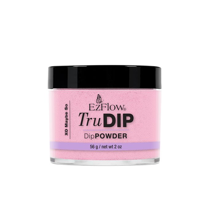 A front facing 2 ounce transparent glass jar of EZ Flow TruDIP XO Maybe SO fully showing its nail powder contents