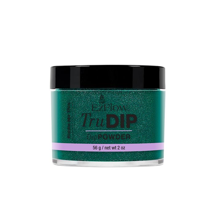 A forward facing short round glass jar filled with 2 ounces of EZFlow TruDIP Riddle Me This nail powder dip