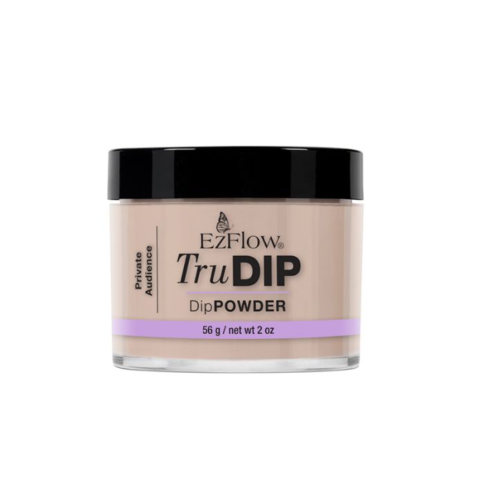 Forward facing 2 ounce transparent glass jar filled with EzFlow TruDIP Private Audience nail powder dip