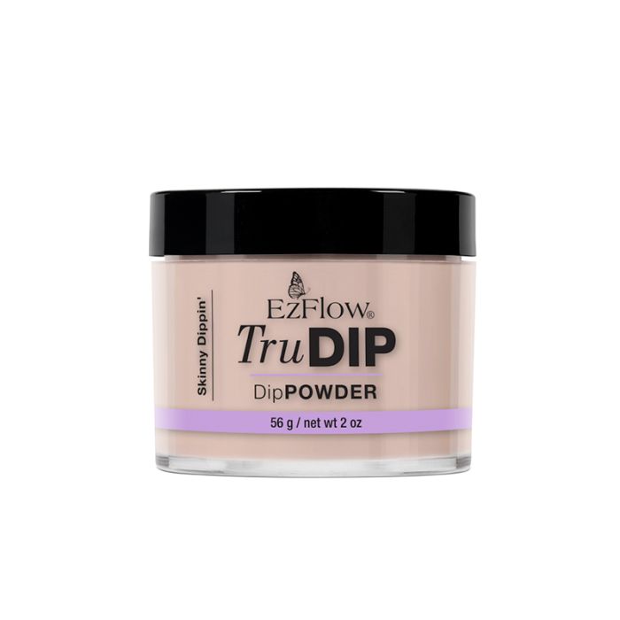 A transparent 2-ounce glass tub of EzFlow TruDIP Skinny Dippin' topped with a black twist cap & printed with product details