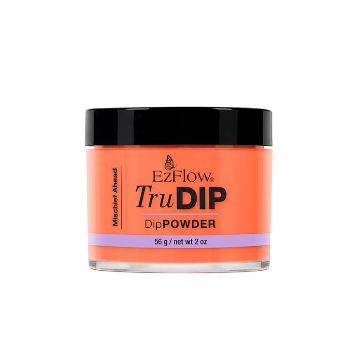 Front view of a 2 ounce short round glass container of EzFlow TruDIP Mischief Ahead