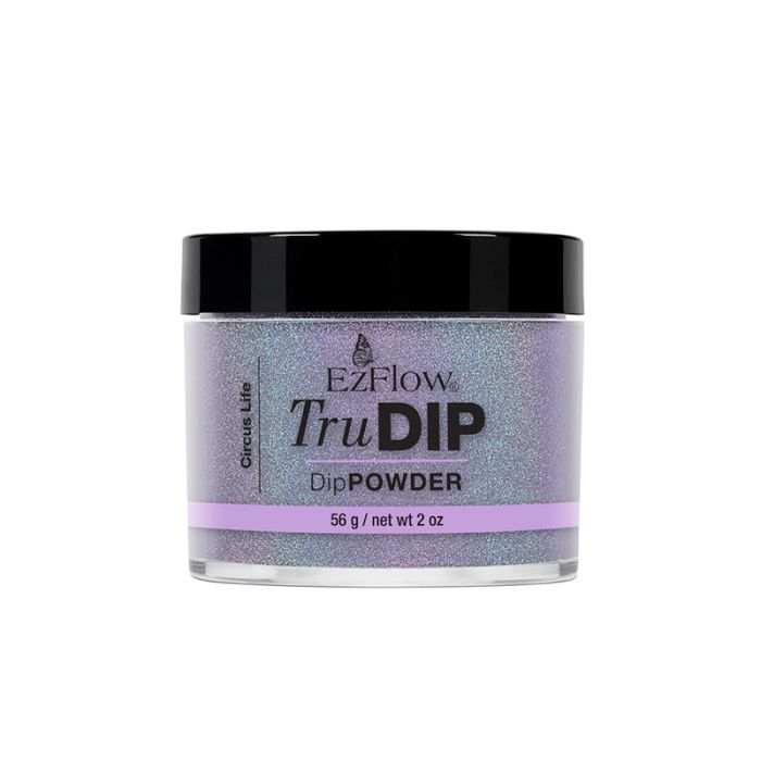 Front view of a 2 ounce container filled with EzFlow TruDIP Circus Life nail powder