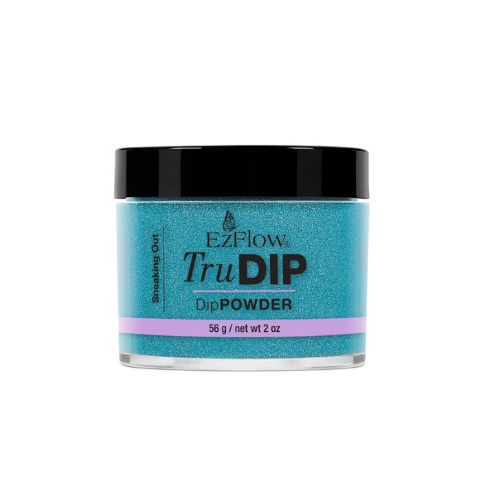 A transparent 2 ounce glass container filled with EzFlow TruDIP Sneaking Out nail dip powder