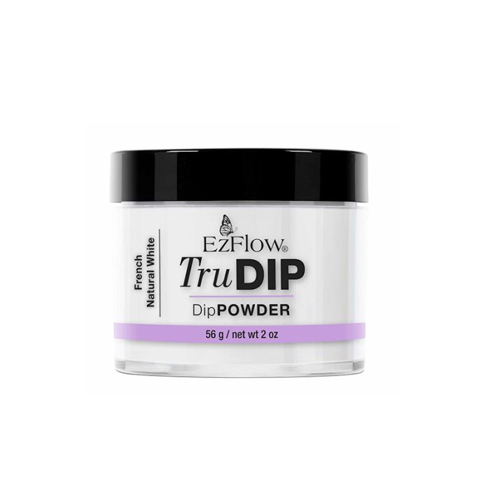 Front view of a 2 ounce clear glass jar containing EzFlow TruDIP Natural White Powder
