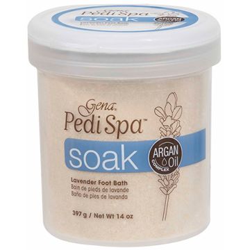 Partially top angle view of Gena Pedi Spa Soak capped flask with 14-ounce size with product details on its container