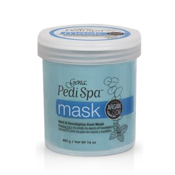 Slightly top view of Gena Pedi Spa nourishing foot mask in 16-ounce capped bottle with printed product information