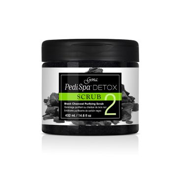 Closer look on capped Pedi Spa Detox Black Charcoal Purifying Scrub in 14.6-ounce container with printed labeled text