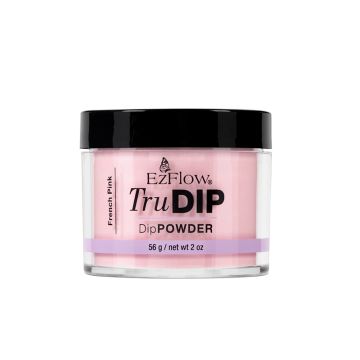 Front facing EzFlow TruDIP French Pink Powder 2 ounce glass container capped with a black cover
