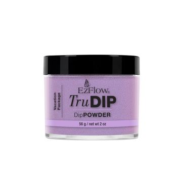 Forward facing 2 ounce transparent glass jar filled with EzFlow TruDIP Vacation Package nail powder dip