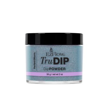 A 2 ounce glass container of EzFlow TruDIP Perfect Storm nail dip powder covered with black twist cap