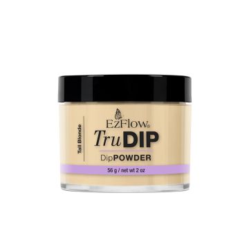 Front view of a clear 2 ounce container of EzFlow TruDIP Tall Blonde covered by a round black twist cap