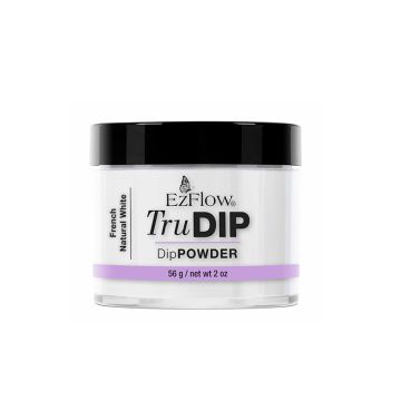 Front view of a 2 ounce clear glass jar containing EzFlow TruDIP Natural White Powder