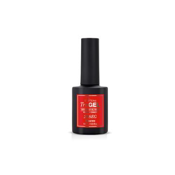 A forward facing short round  bottle filled with 0.5 ounces of EZFlow TruGEL Roxanne nail gel polish