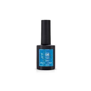 A forward facing short round bottle filled with 0.5 ounces of EZFlow TruGEL What are the Odds? nail gel polish