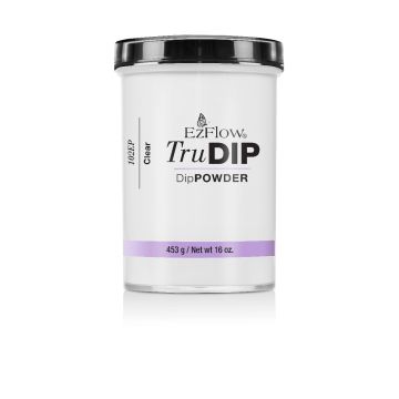 Front view of a  wthite 16 ounce container of EzFlow TruDip Powder Clear printed featuring black cap cover