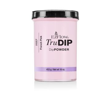 Front view of a 16-ounce glass container of EzFlow TruDIP Powder French Pink printed with product label & information